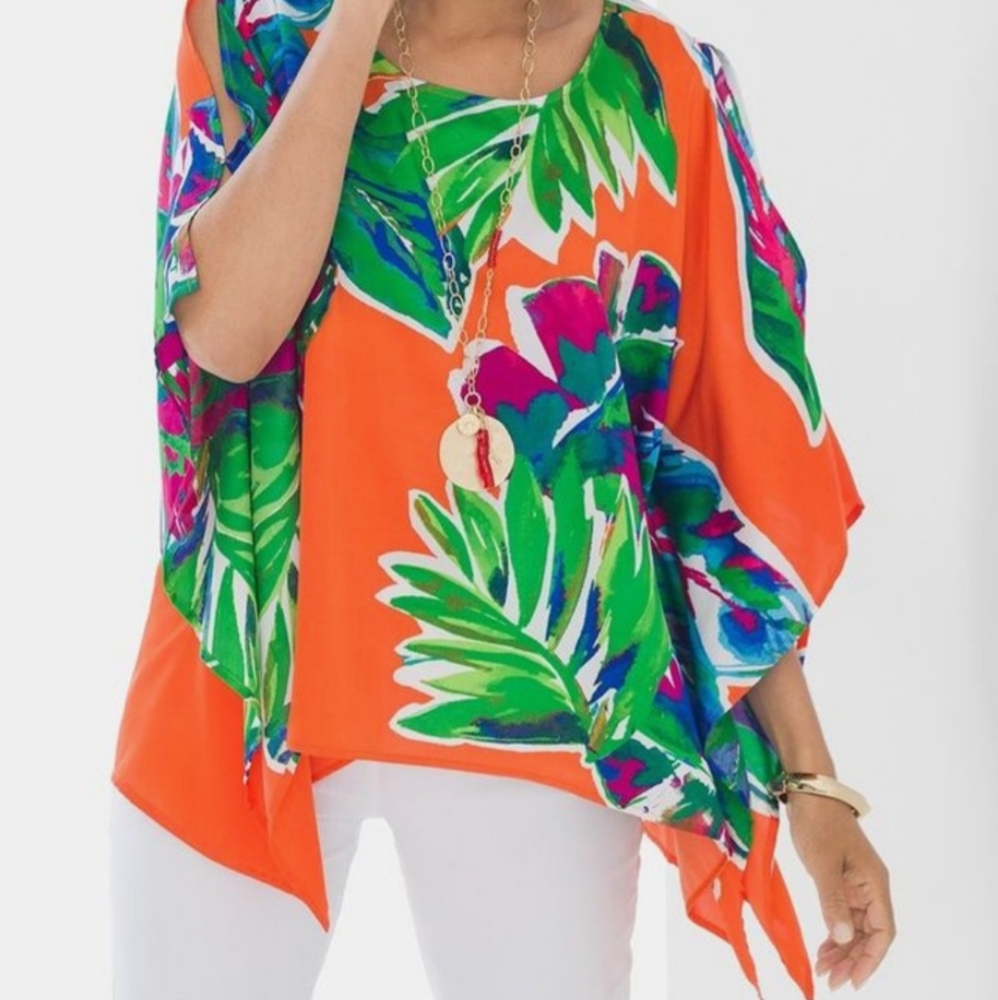 Chico's Orange Tropical Tempo Kamila Cold Shoulder Poncho L/XL